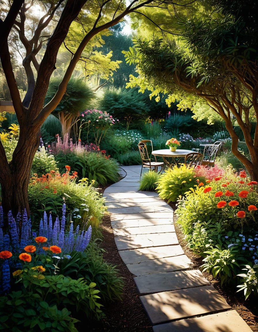 A serene garden setting with diverse people of different ages sharing joyful conversations, framed by blooming flowers and winding pathways. Subtle elements like branches intertwining symbolize connections, while soft sunlight creates a warm and inviting atmosphere. Illustrate emotions of trust and warmth. super-realistic. vibrant colors. soft focus.